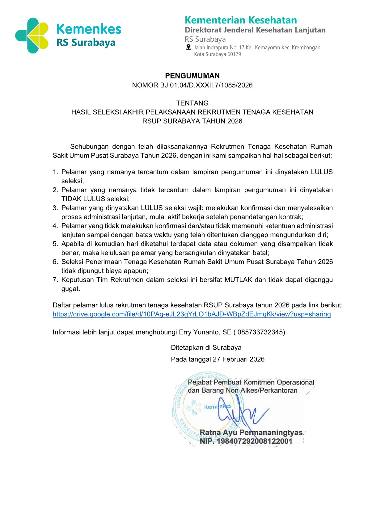 HASIL SELEKSI AKHIR PENGADAAN TENAGA KESEHATAN DUKUNGAN OPERASIONAL LAYANAN KESEHATAN